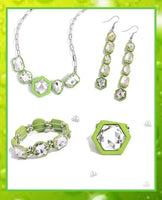 Paparazzi Evolving Elegance Necklace Green, Developing Dignity Earrings Green, Transforming Taste Bracelet Green and Changing Class Ring Green