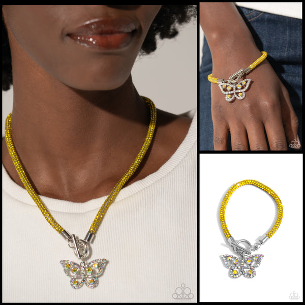 Paparazzi On SHIMMERING Wings Necklace Yellow & Aerial Appeal Bracelet Yellow (Iridescent)