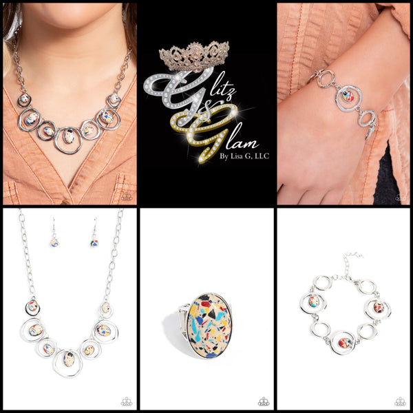 Paparazzi Marble Medley Necklace Yellow, Marble Myriad Bracelet Yellow & Terrazzo Tease Ring Multi