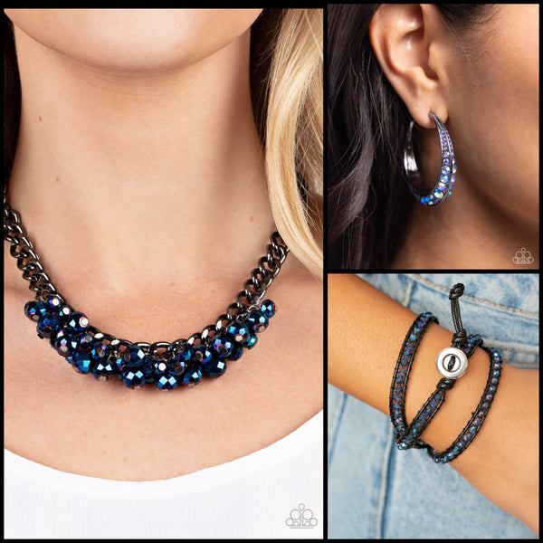 Paparazzi Galactic Knockout Necklace Blue, Embedded Edge Earrings Blue & What Goes Around Bracelet Multi