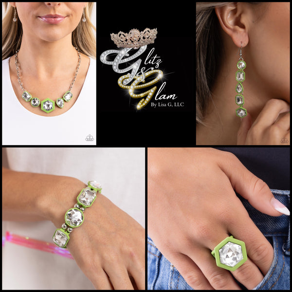 Paparazzi Evolving Elegance Necklace Green, Developing Dignity Earrings Green, Transforming Taste Bracelet Green and Changing Class Ring Green