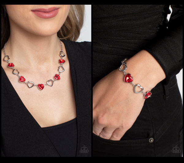 Paparazzi Contemporary Cupid Necklace Red & Sentimental Sweethearts Bracelet Red