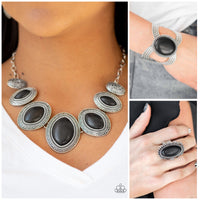 Paparazzi Sierra Serenity Necklace Black, Coyote Couture Bracelet Black and Open Range Ring Black