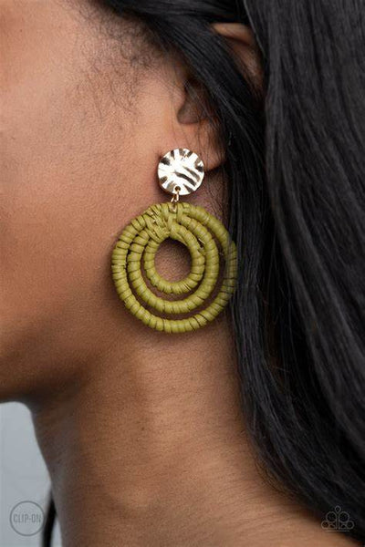 Paparazzi Whimsically Wicker Earrings Green (Clip Ons)